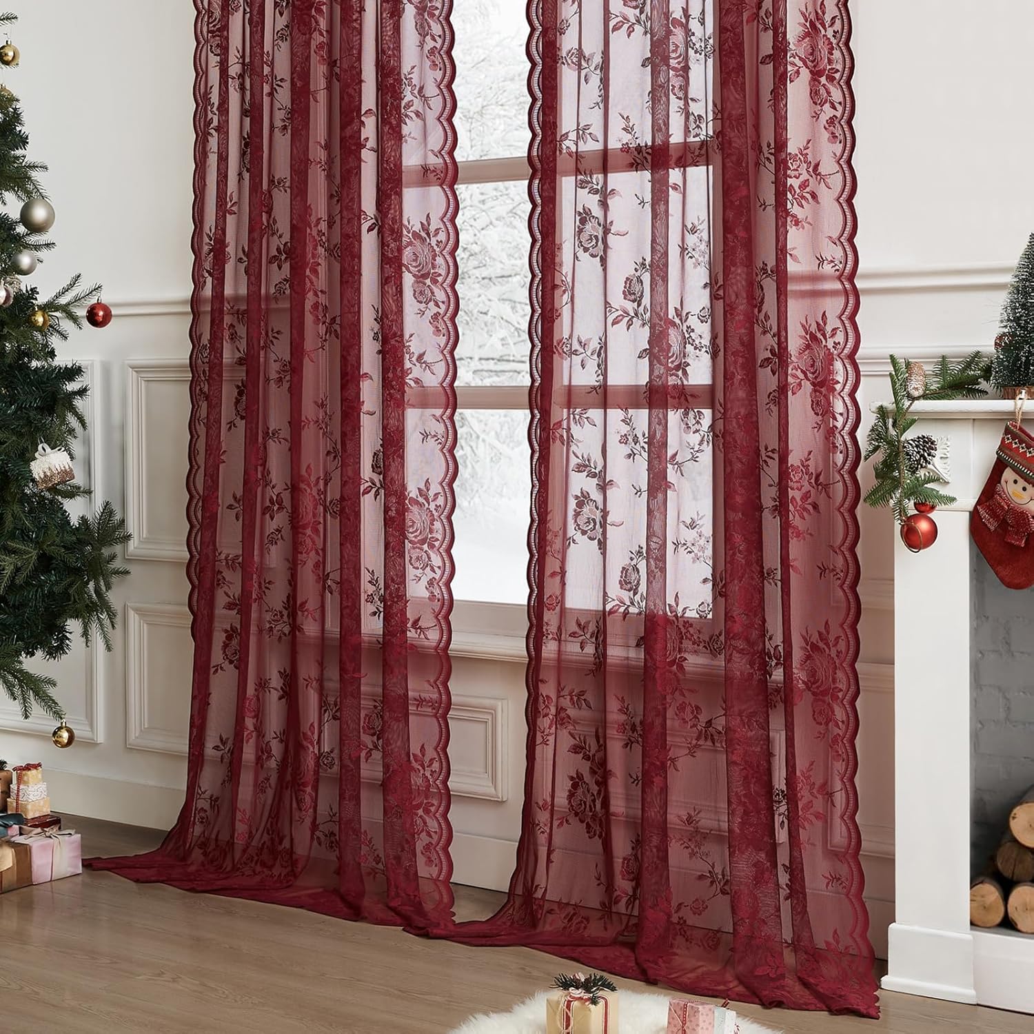 1 stuk bordeauxrode kantgordij - Curtain Rods recensie en prijs